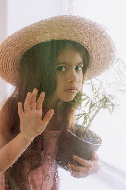 little girl with a potted indoor flower looks out of the window through the wet glass from the rain