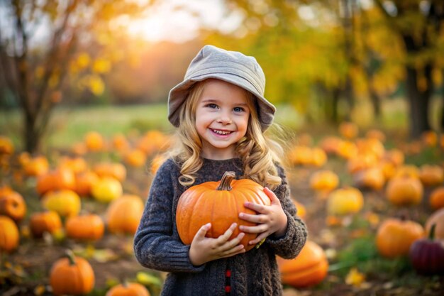 a little girl with a pumpkin in her hands