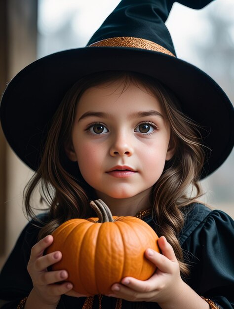 Photo a little girl with a pumpkin in her hands