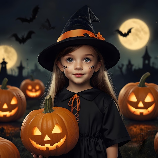 Photo a little girl with a pumpkin and a witch hat on