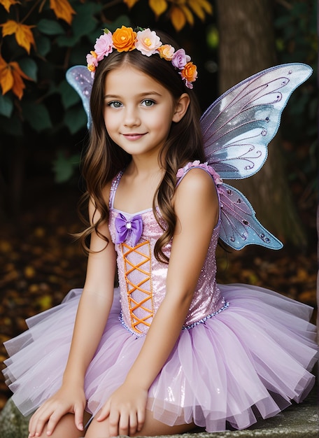 Photo a little girl with a purple fairy costume sitting on the ground