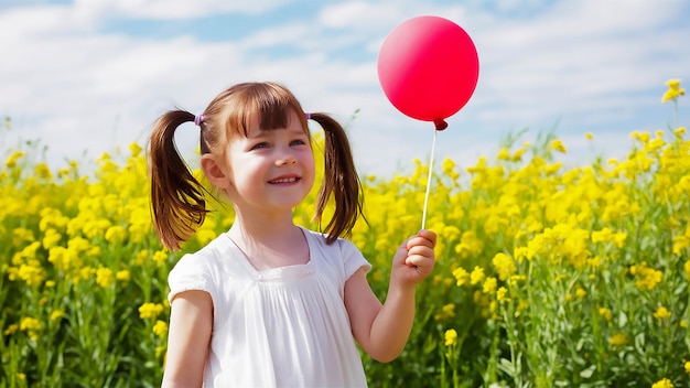 a little girl with a red balloon in a field of yellow flowers