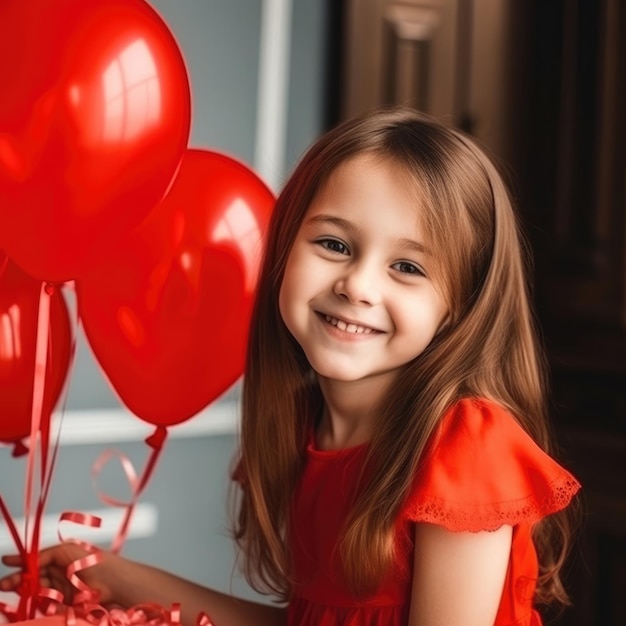 A little girl with red balloons