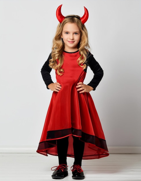 a little girl with a red bow on her head stands in a black and red dress