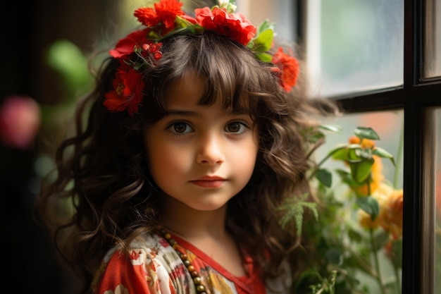 a little girl with red flowers in her hair looking out the window