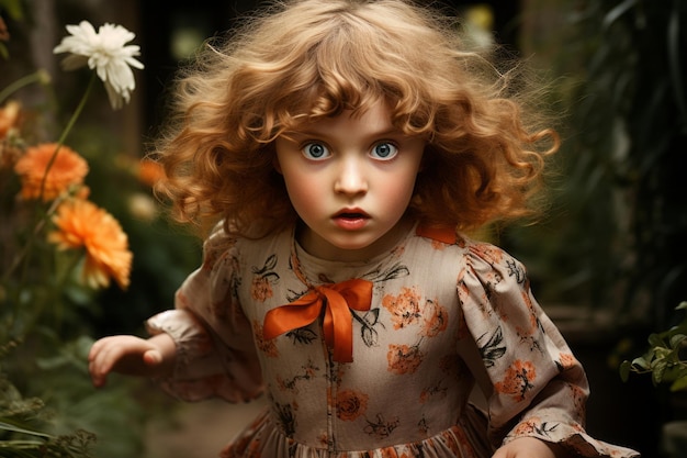 a little girl with red hair and blue eyes is standing in the middle of a flower garden