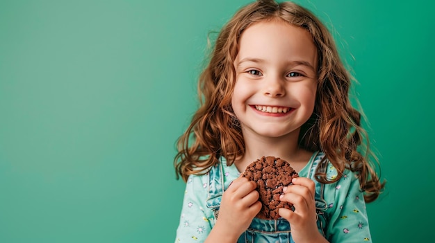 Photo a little girl with red hair holding a cookie with chocolate chips