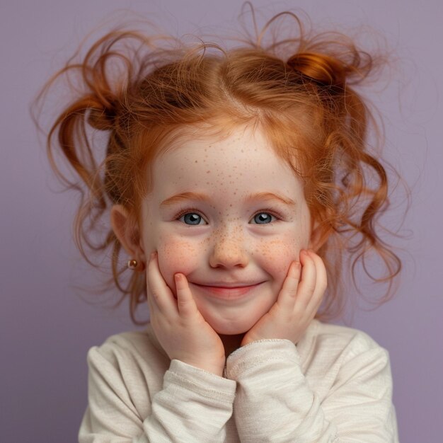 Photo a little girl with red hair is smiling and has a picture of a face that says  i love you