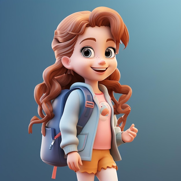 Little girl with school bag student reading day learning 3D rendering