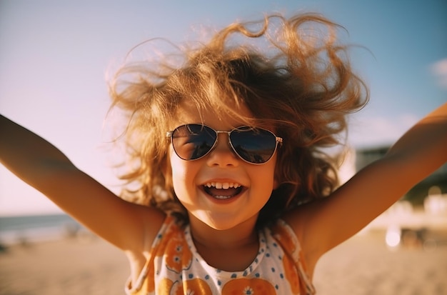 A little girl with sunglasses on and a shirt that says " i'm in the middle "