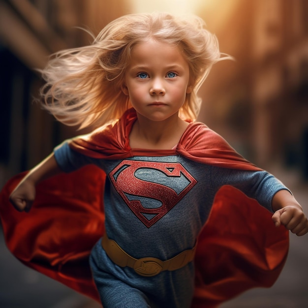 Photo a little girl with a superman costume running in the street