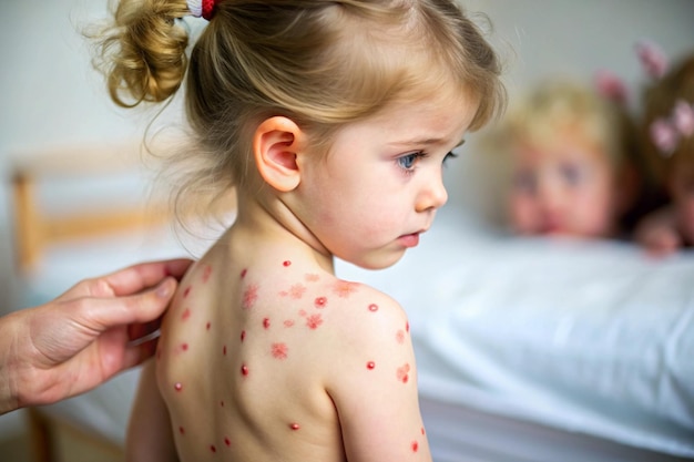 a little girl with a tattoo on her back is holding a childs arm