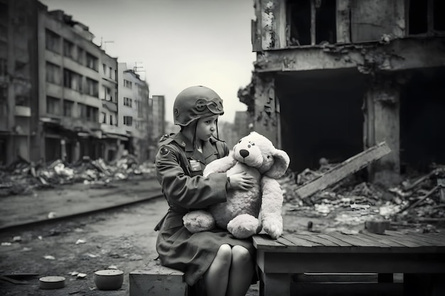 Little girl with a teddy bear during the war Evacuation children Neural network AI generated