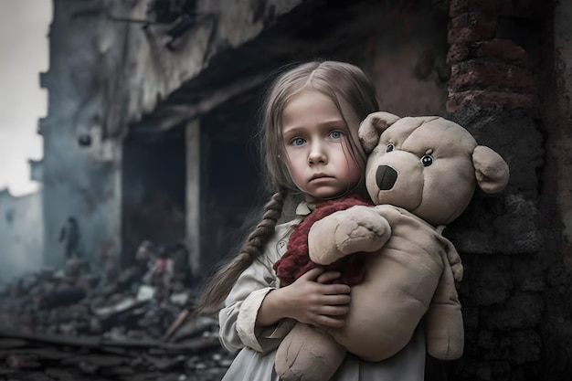 Little girl with a teddy bear during the war Evacuation children Neural network AI generated