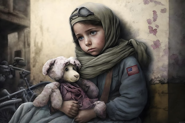 Little girl with a teddy bear during the war Evacuation children Neural network AI generated