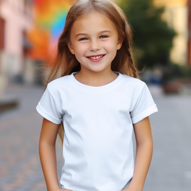 A little girl with a white shirt that says " happy ".