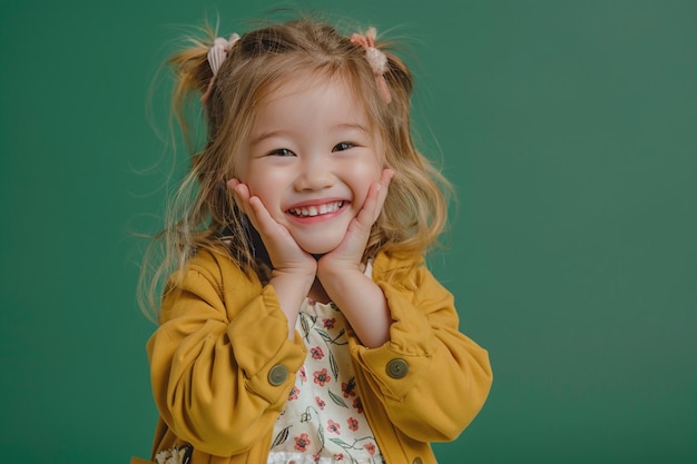 Photo a little girl with a yellow jacket that says  she is smiling