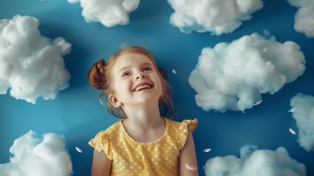 A little girl with a yellow shirt in cloud background