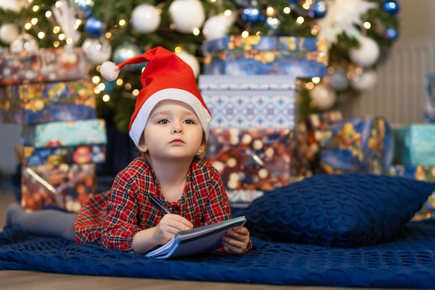 Little girl writing letter to santa. child dream near christmas tree about wish, gift on new year