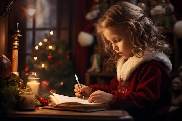 A little girl writing a letter to Santa Claus Christmas wishes at cozy home interior