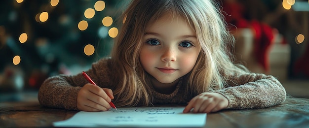 Photo little girl writing letter to santa claus with christmas lights in background