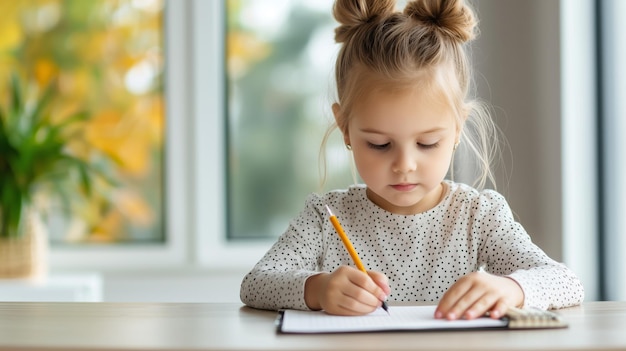 Photo little girl writing in notebook at desk focused concentrated learning education childhood