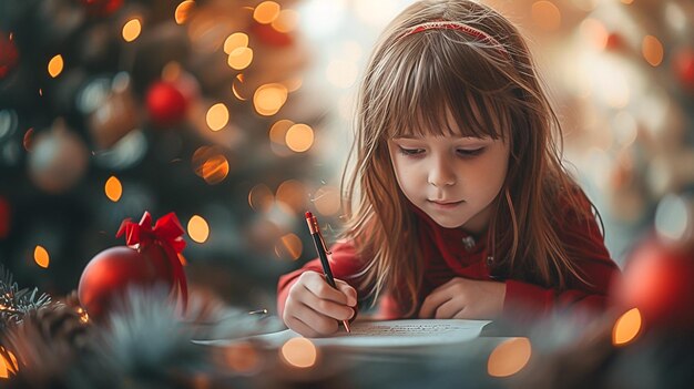 Photo a little girl writing in a notebook in front of a christmas tree