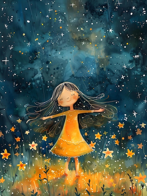 A little girl in a yellow dress is standing in a field of stars