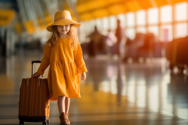 A little girl in a yellow dress is walking with a suitcase in an airport.