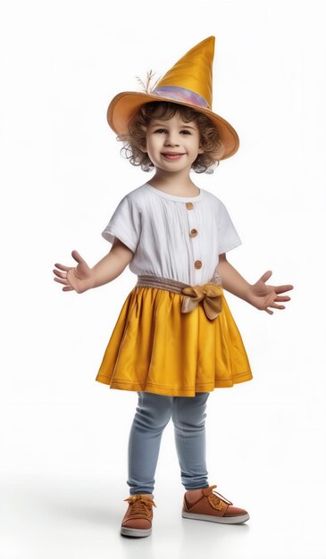 a little girl in a yellow hat with her hands up