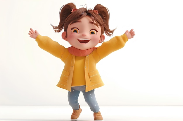 A little girl in a yellow jacket and jeans is standing with her arms outstretched and smiling at the