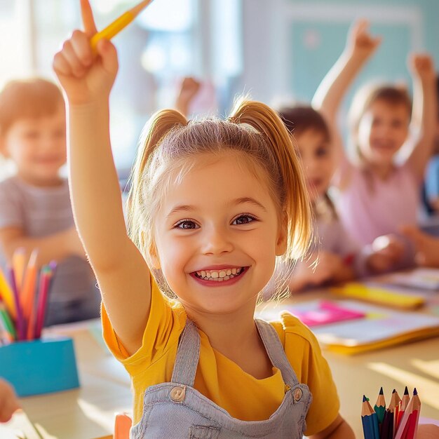 a little girl in a yellow shirt is holding up a pencil in front of her