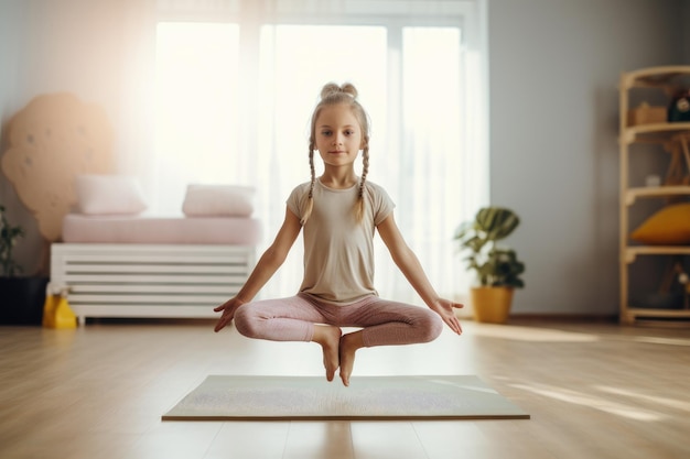 Little girl yoga pose on floor mat Small acrobatics Generate Ai