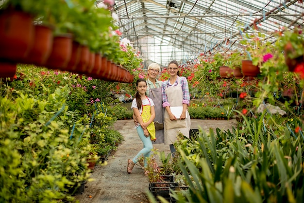 Little girl, young woman and senior woman  in the flower garden