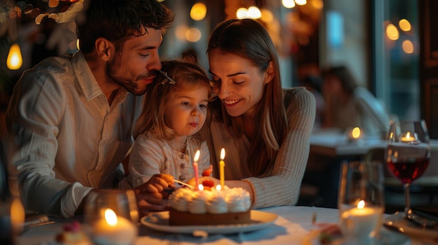 Little girl39s birthday parents eating cake together