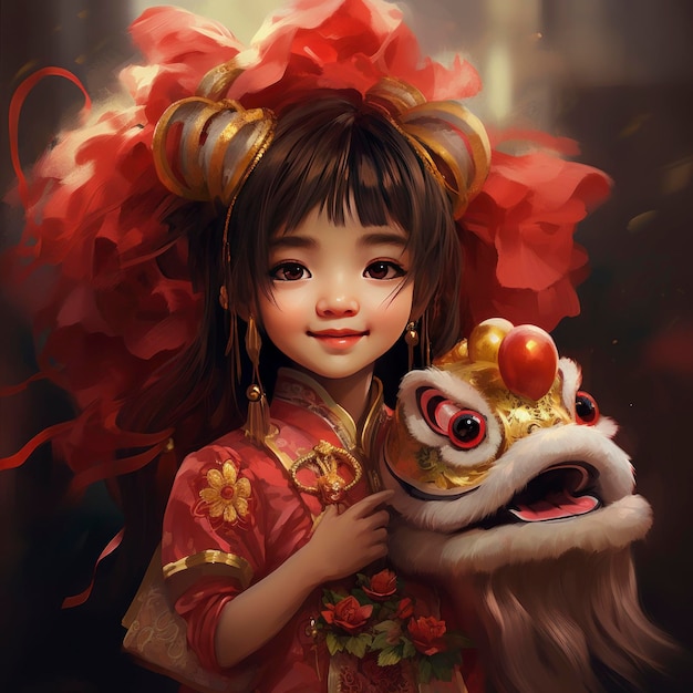 A little girlChinese lion dance