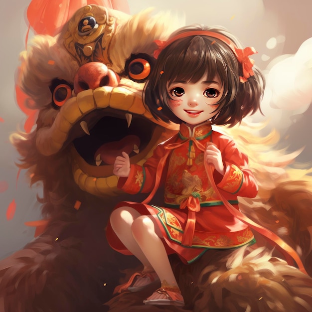 A little girlChinese lion dance