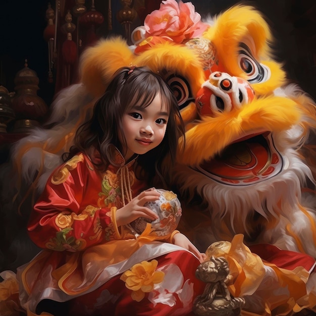 A little girlChinese lion dance