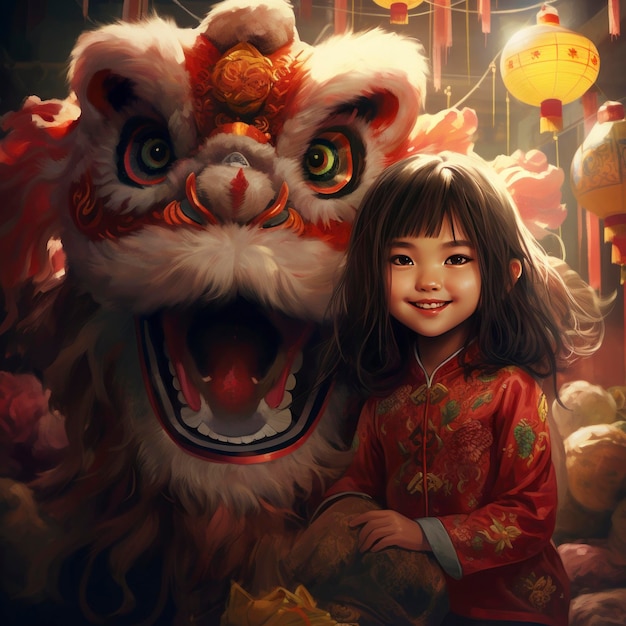 A little girlChinese lion dance