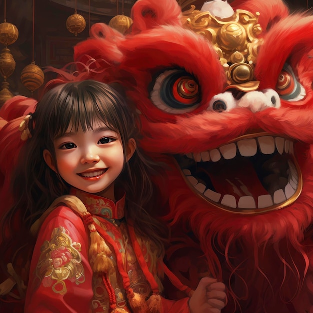 A little girlChinese lion dance