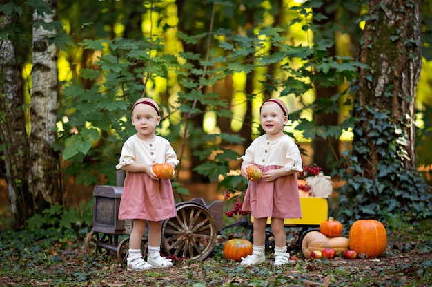 little girls twin beside tractor with a cart with pumpkins