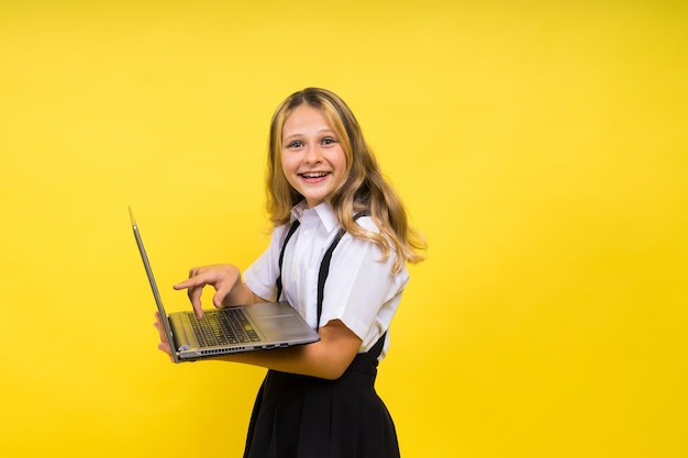 Little happy blonde kid girl years laptop pc computer children lifestyle childhood concept