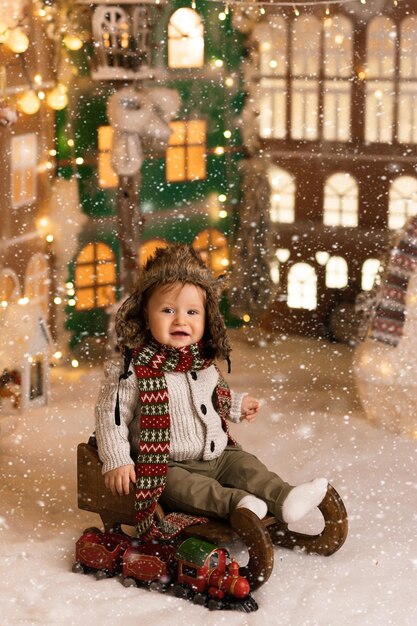 little and happy boy on the sled