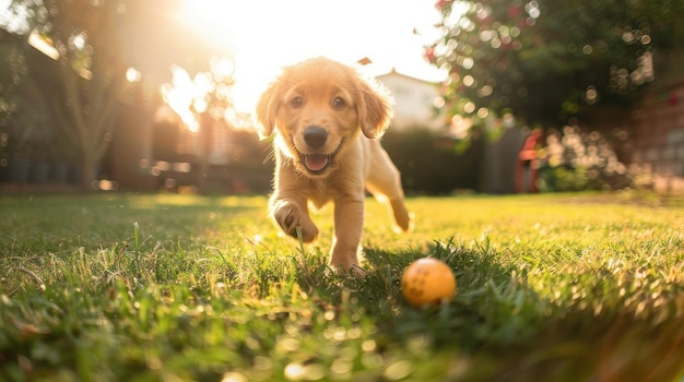 Photo a little happy dog playing with a pet ball on the backyard lawn