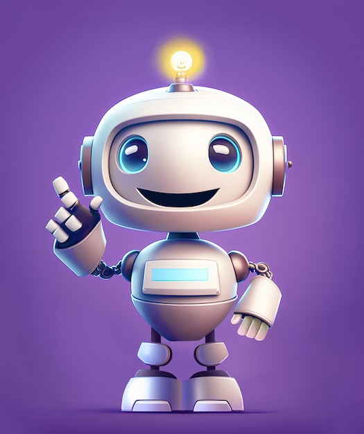 Little happy robot mascot with finger pointing up over blue background 3D illustration