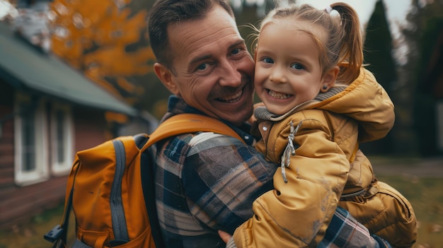 Photo little happy toddler girl with smiling father dad adult man parent with female child or kid daughter wearing a backpack together in front of house ar 169 job id 2e4e9472a73347fda3baede812aeedde