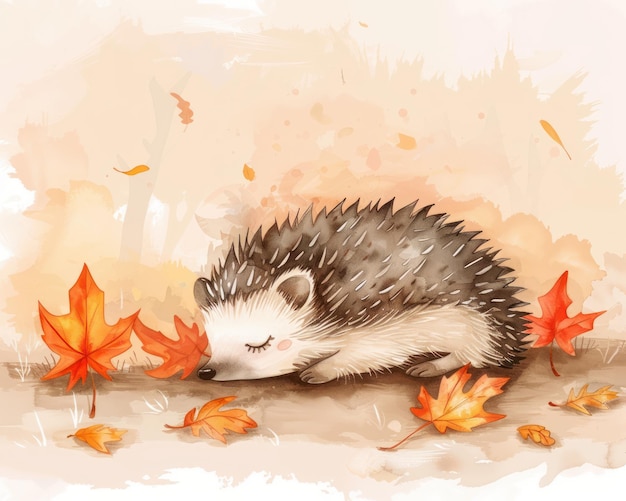 Little hedgehog rolling a leaf watercolor cartoon in an autumn forest floor setting whimsical