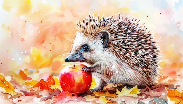 Little Hedgehog with an Apple in Autumn Setting Watercolor Illustration Perfect Gift Art Print