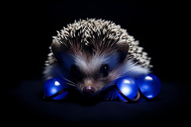 A little hedgehog with blue eyes is in the dark