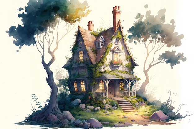 A little home in watercolor isolated on a white background